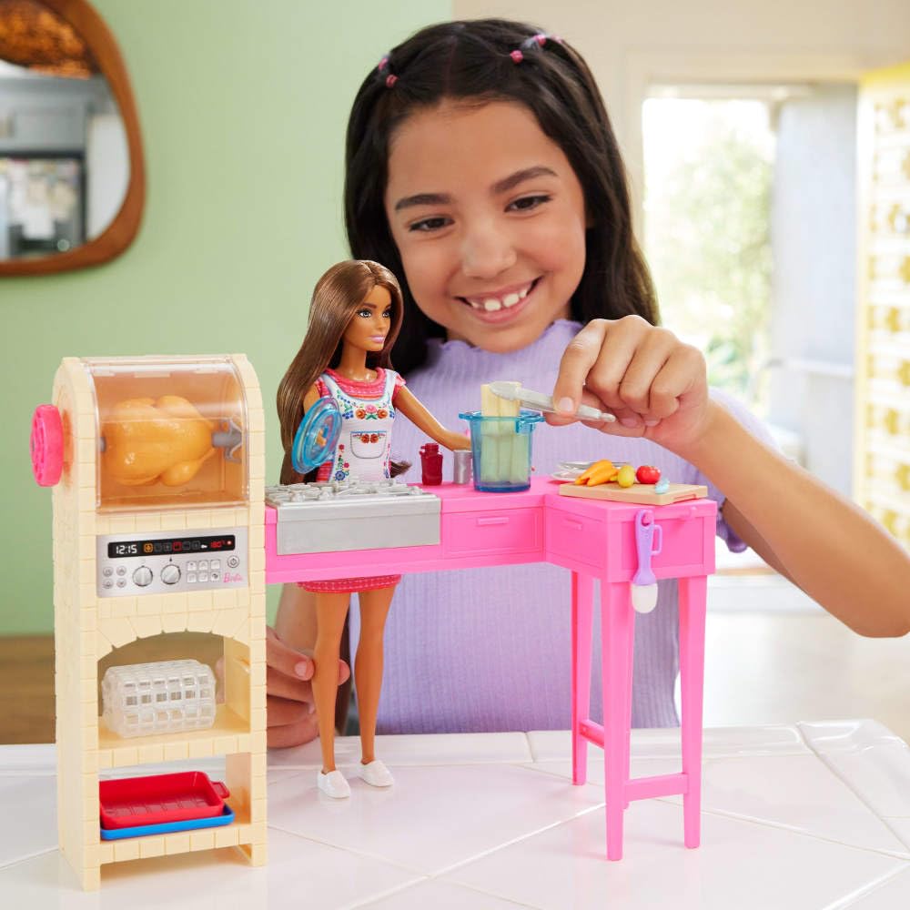 Barbie Teresa Recipe for Friendship rotisserie oven spins for interactive cooking.