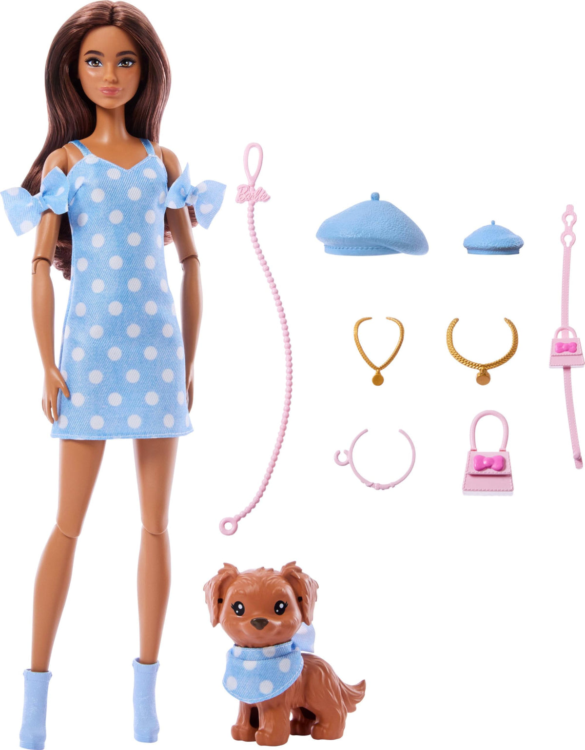 Barbie Twinning Looks doll with pet dog in matching blue polka dot outfit for imaginative play