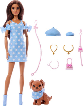 Barbie Twinning Looks doll with pet dog in matching blue polka dot outfit for imaginative play