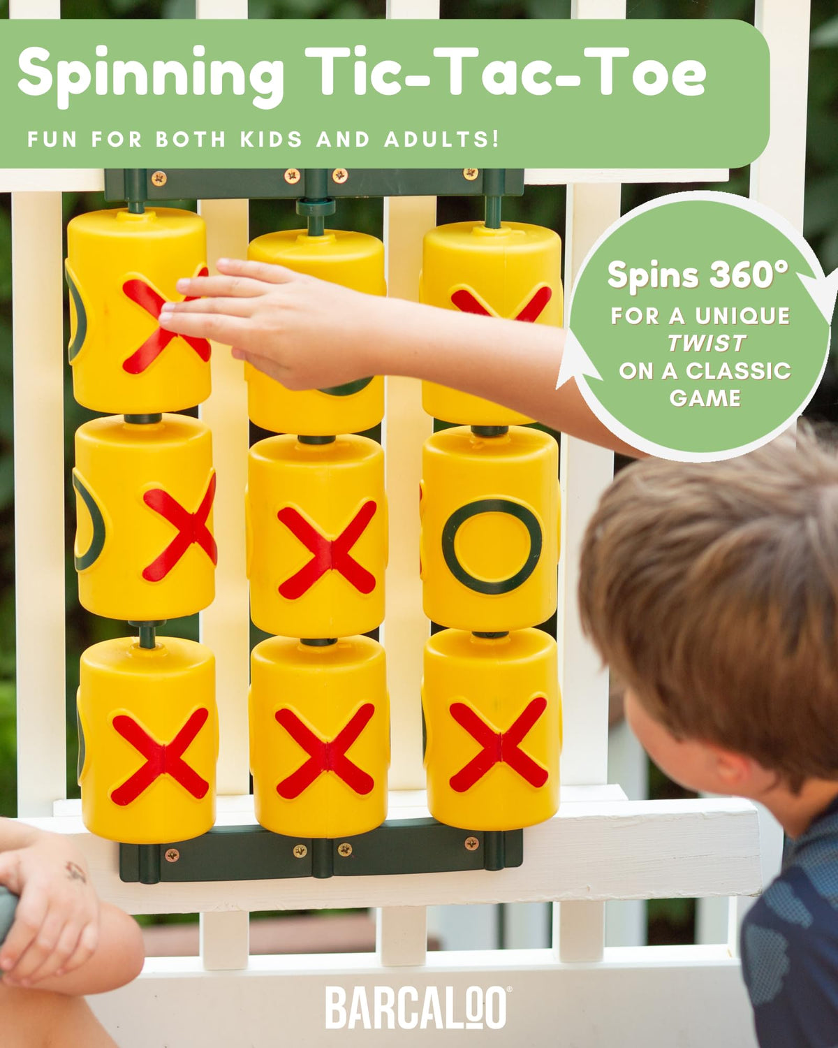 Barcaloo Tic Tac Toe Spinner yellow panel close-up showing UV protection