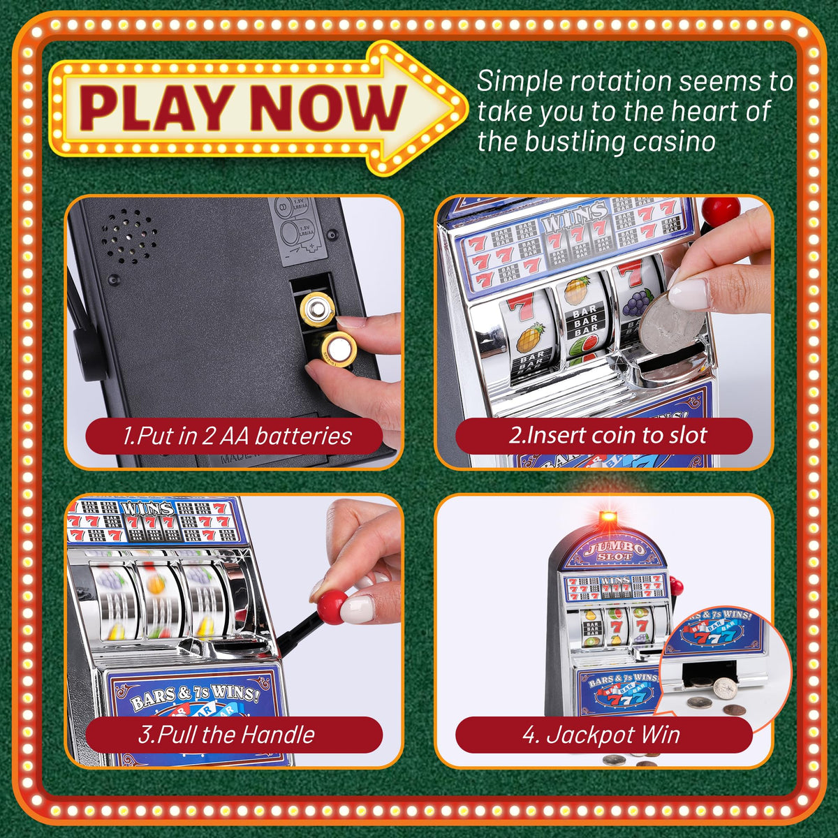 Jackpot sounds from the BARGIFTS slot machine money bank during coin drops