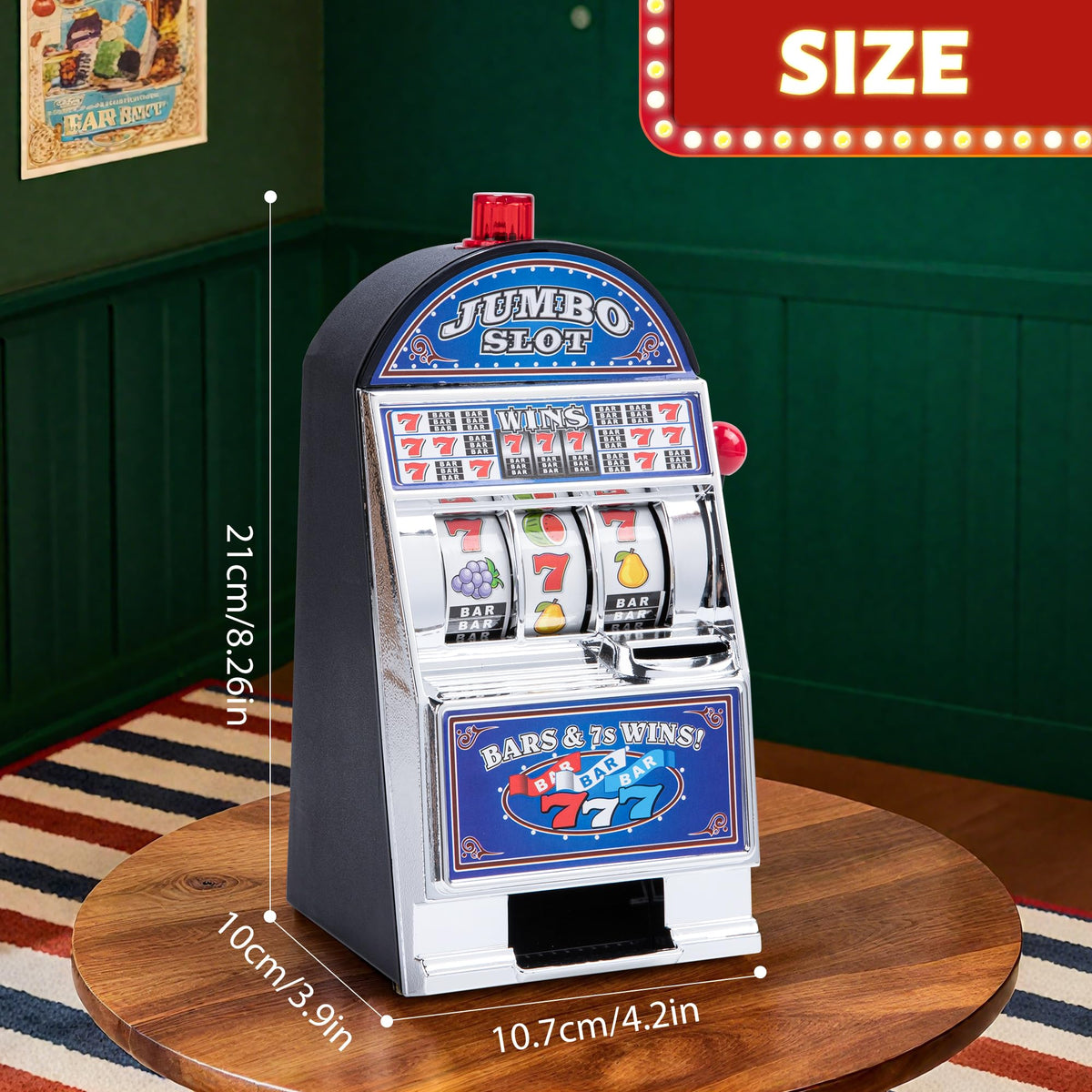 Close-up of reels and lighting on the BARGIFTS slot machine money bank for engaging visuals