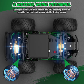 Barlisam green RC truck at dusk, headlights improving night driving experience