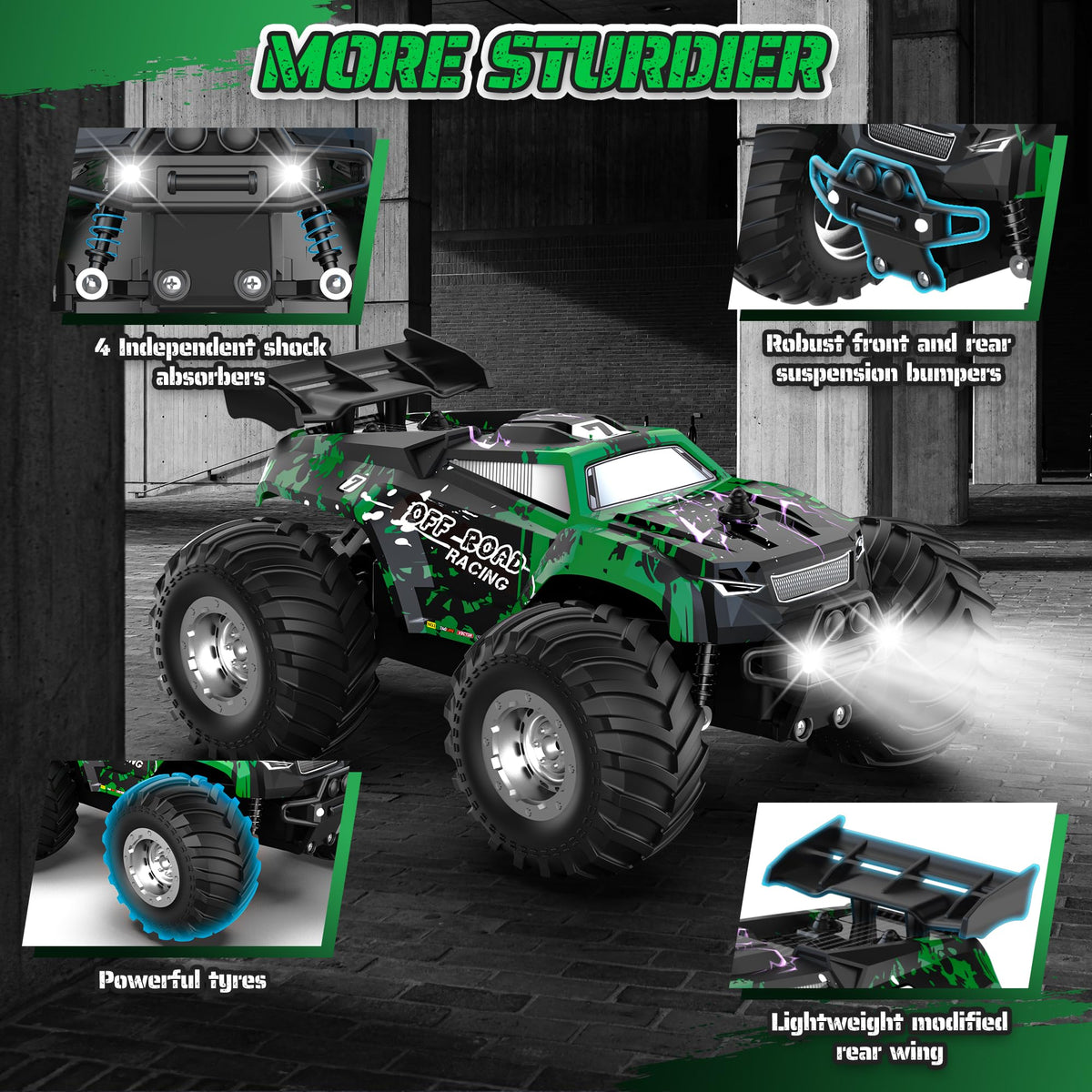 Barlisam RC car with wide tires delivering strong grip on uneven ground