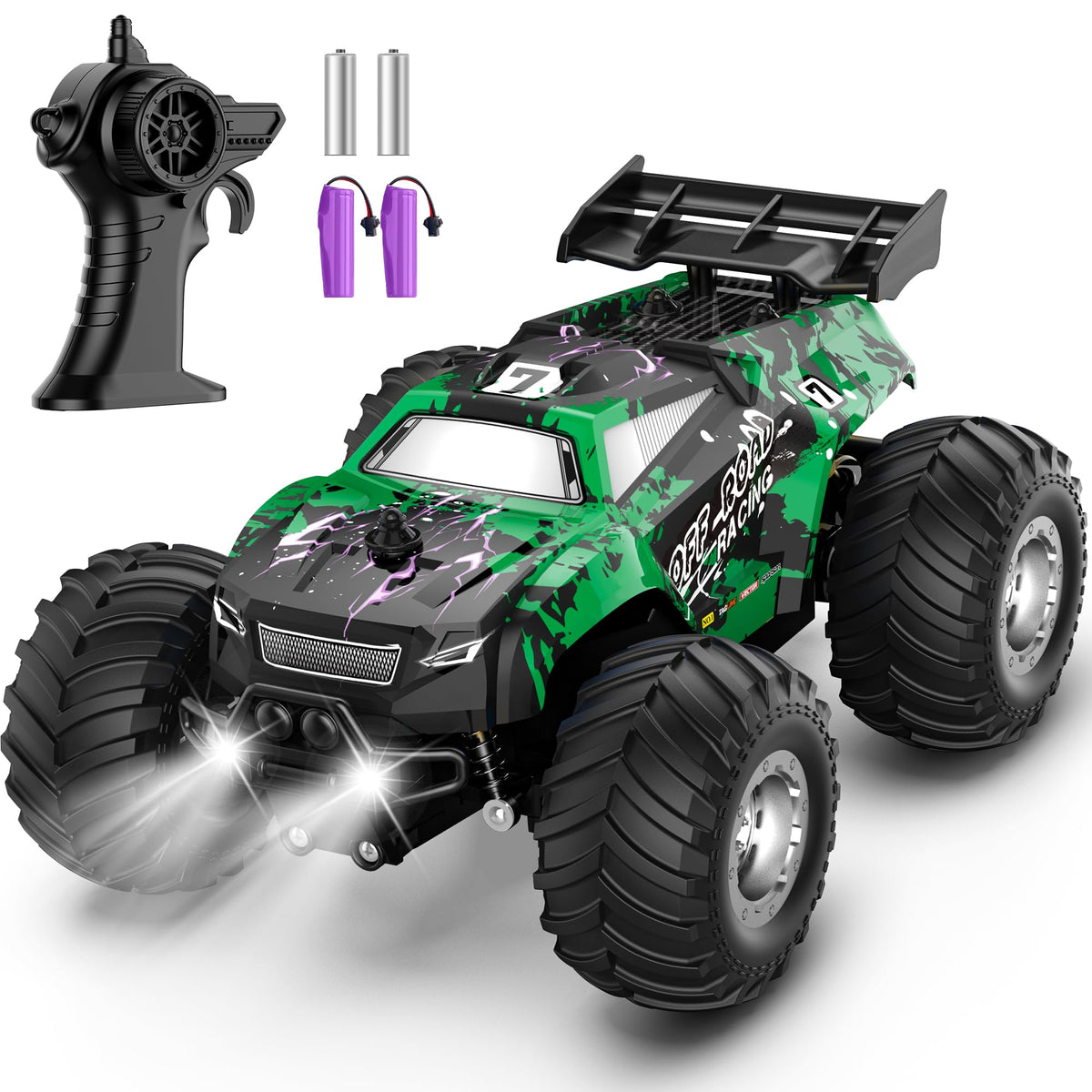 Barlisam remote control car green front view with headlights for night fun