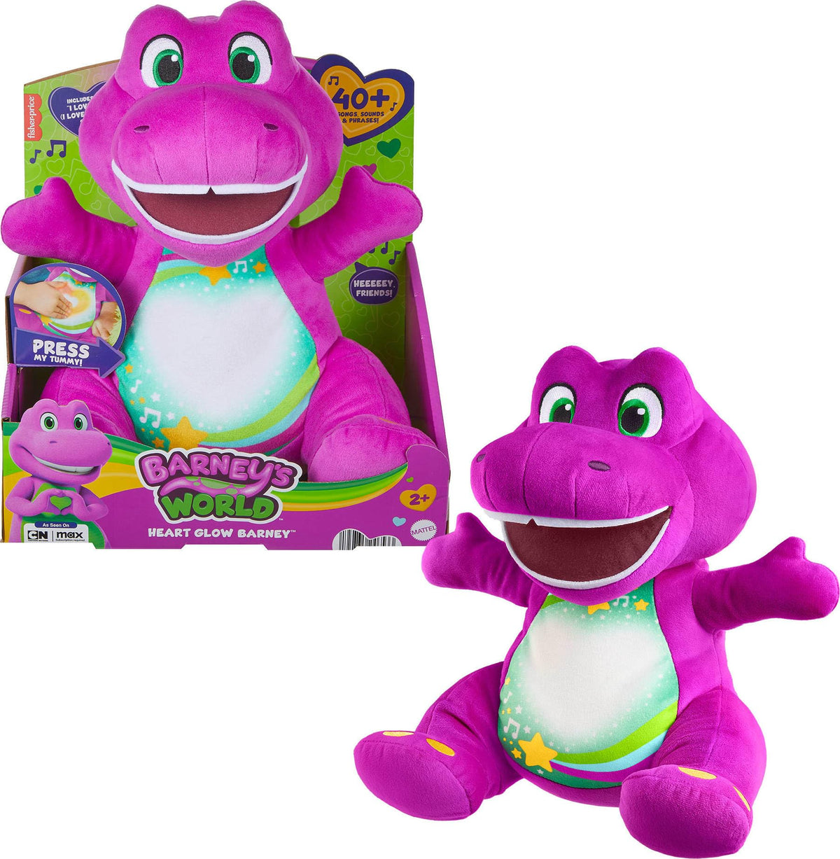 Barney Heart Glow belly lights up with cheerful songs for cuddly play.