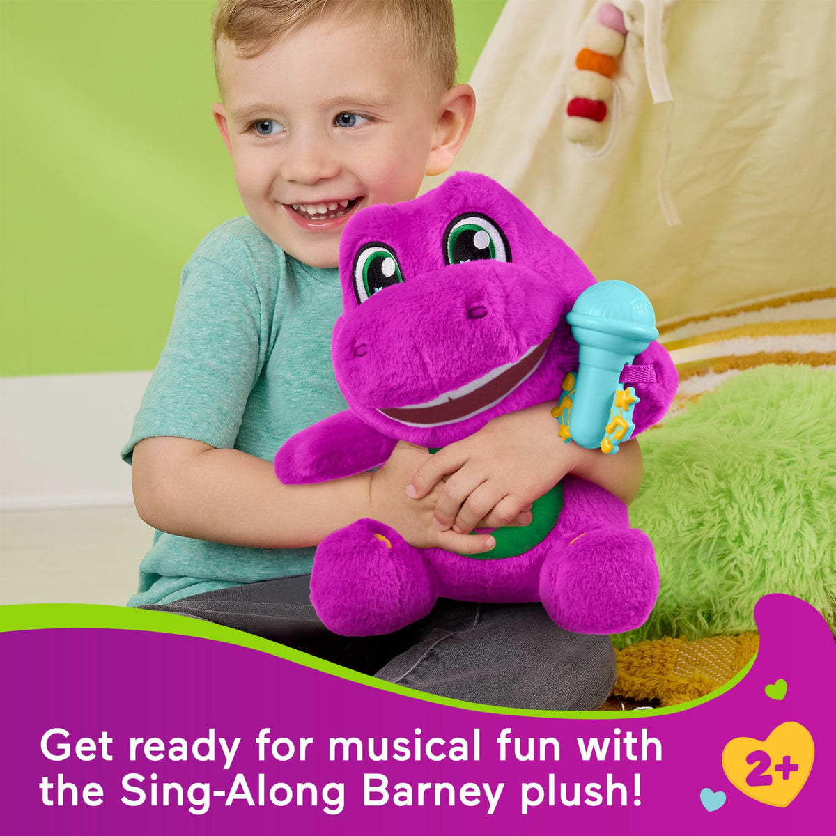 Barney belly-press activates songs for interactive sing-alongs.