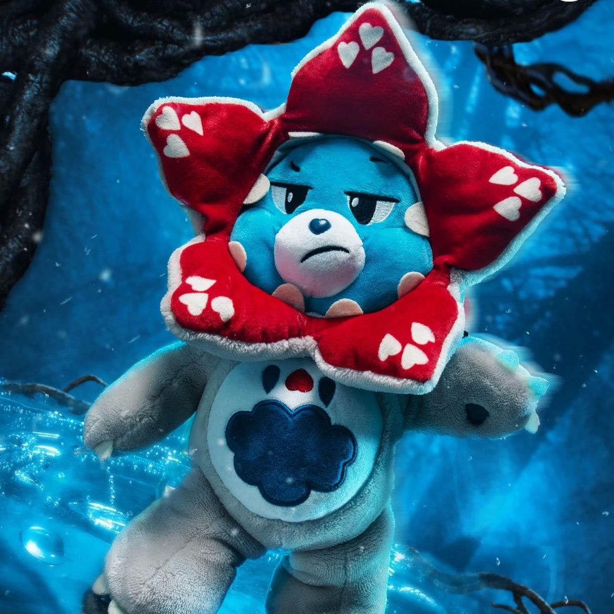 Basic Fun Care Bears Demogorgon plush headpiece highlights Demogorgon-inspired petals and nostalgia.