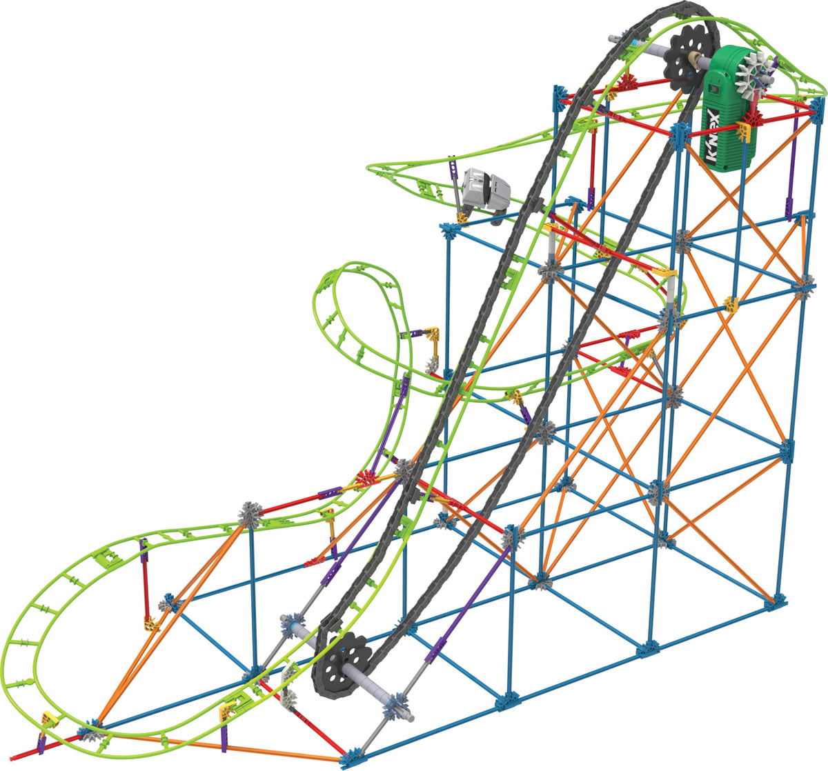 Motorized chain lift drives dynamic motion during playtime.