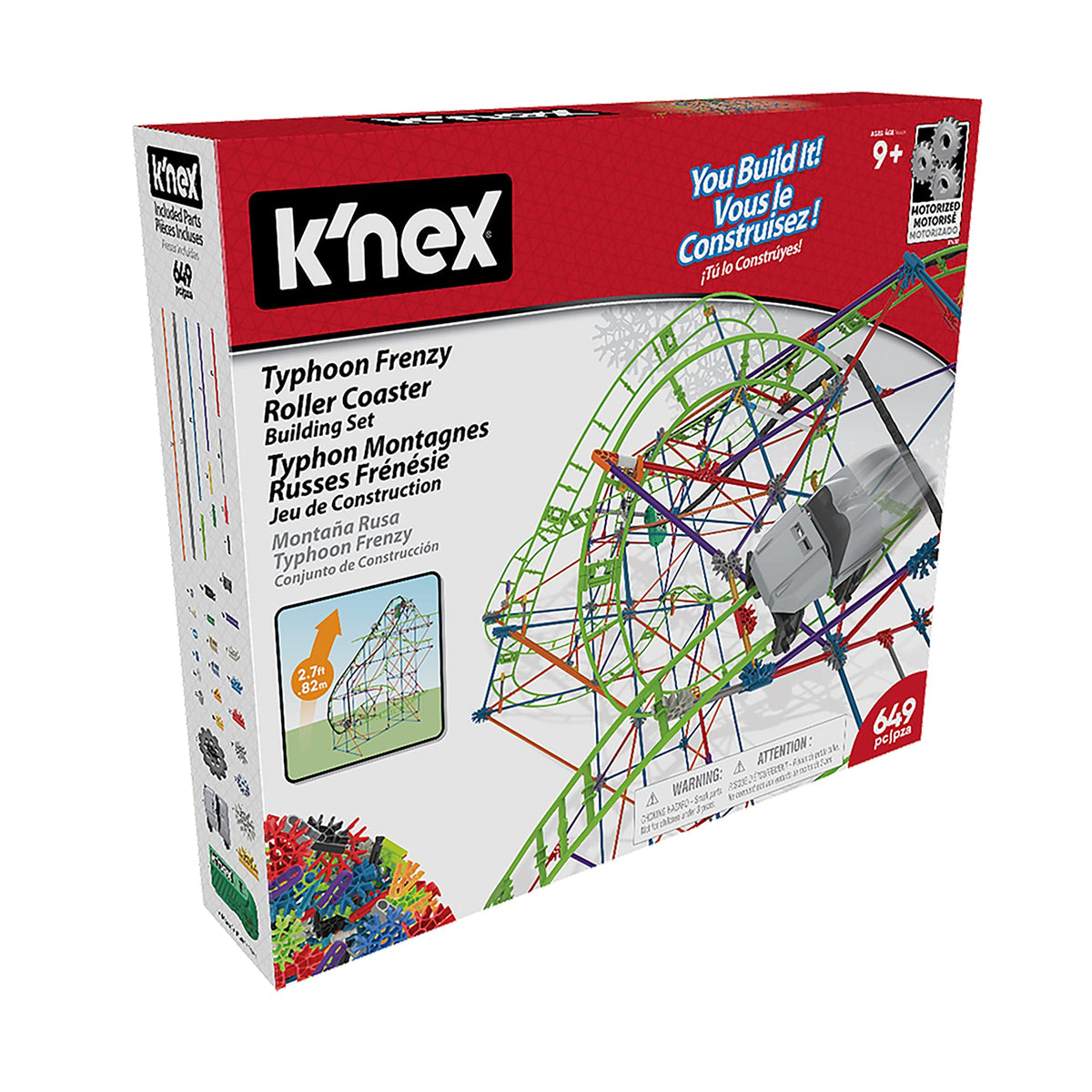 Typhoon Frenzy silver coaster car glides through twists for imaginative building fun.