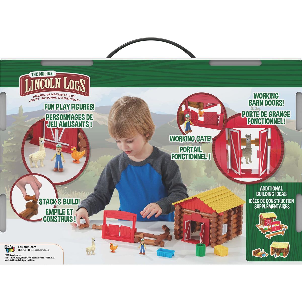 Basic Fun Lincoln Logs farm figures with farmer, chicken, and alpaca inspire storytelling