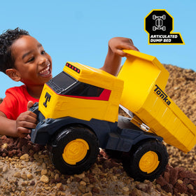 Tonka Next Gen Mighty Dump Truck features pneumatic Mega Wheels for versatile terrain play.