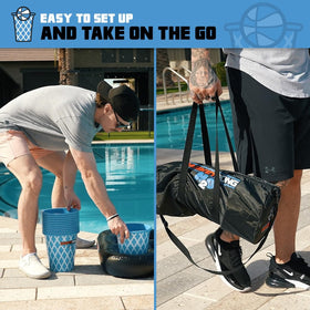 BasketPong H2O air pump and travel bag for quick, portable setup.