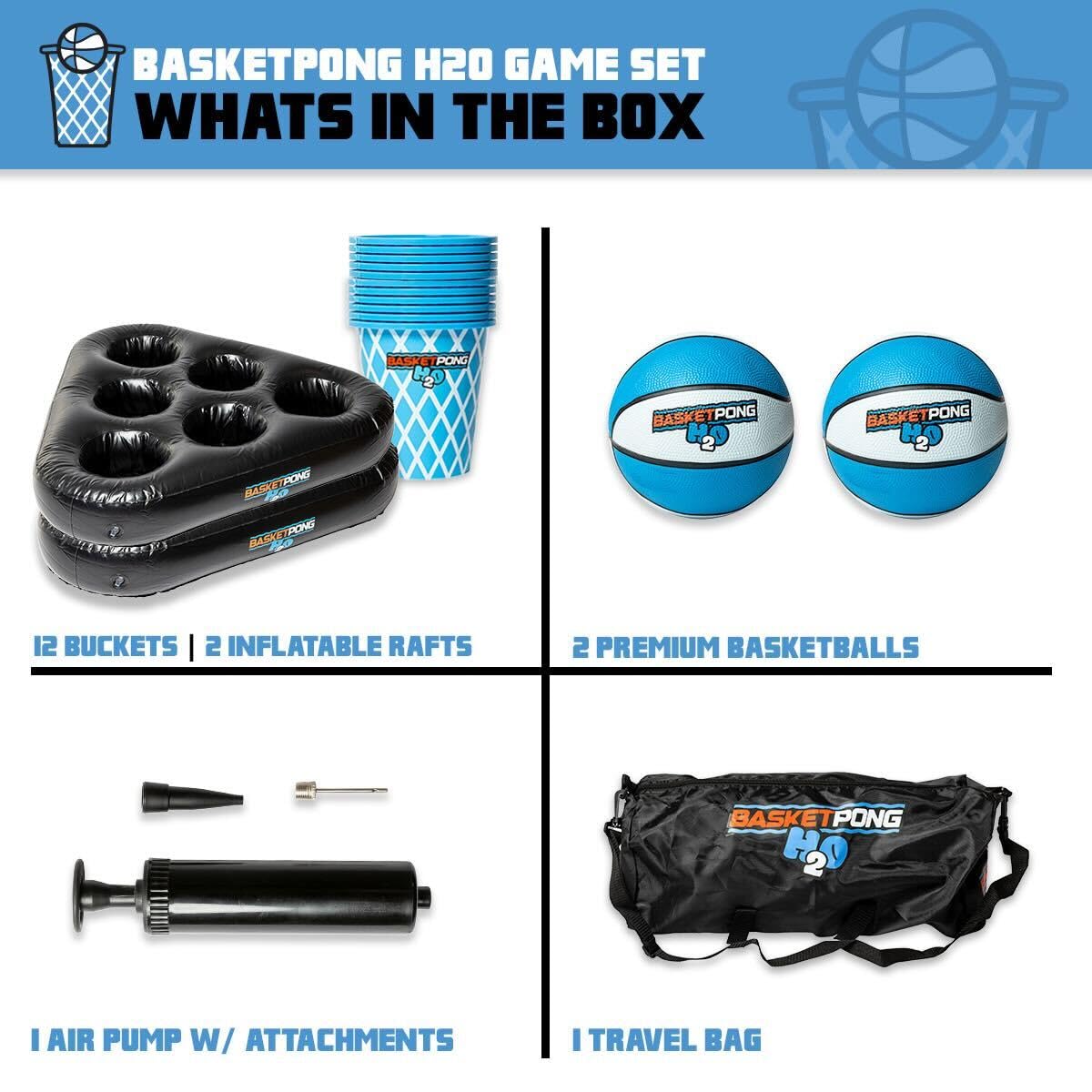 BasketPong H2O rubber basketballs ready for water play and competitive throws.