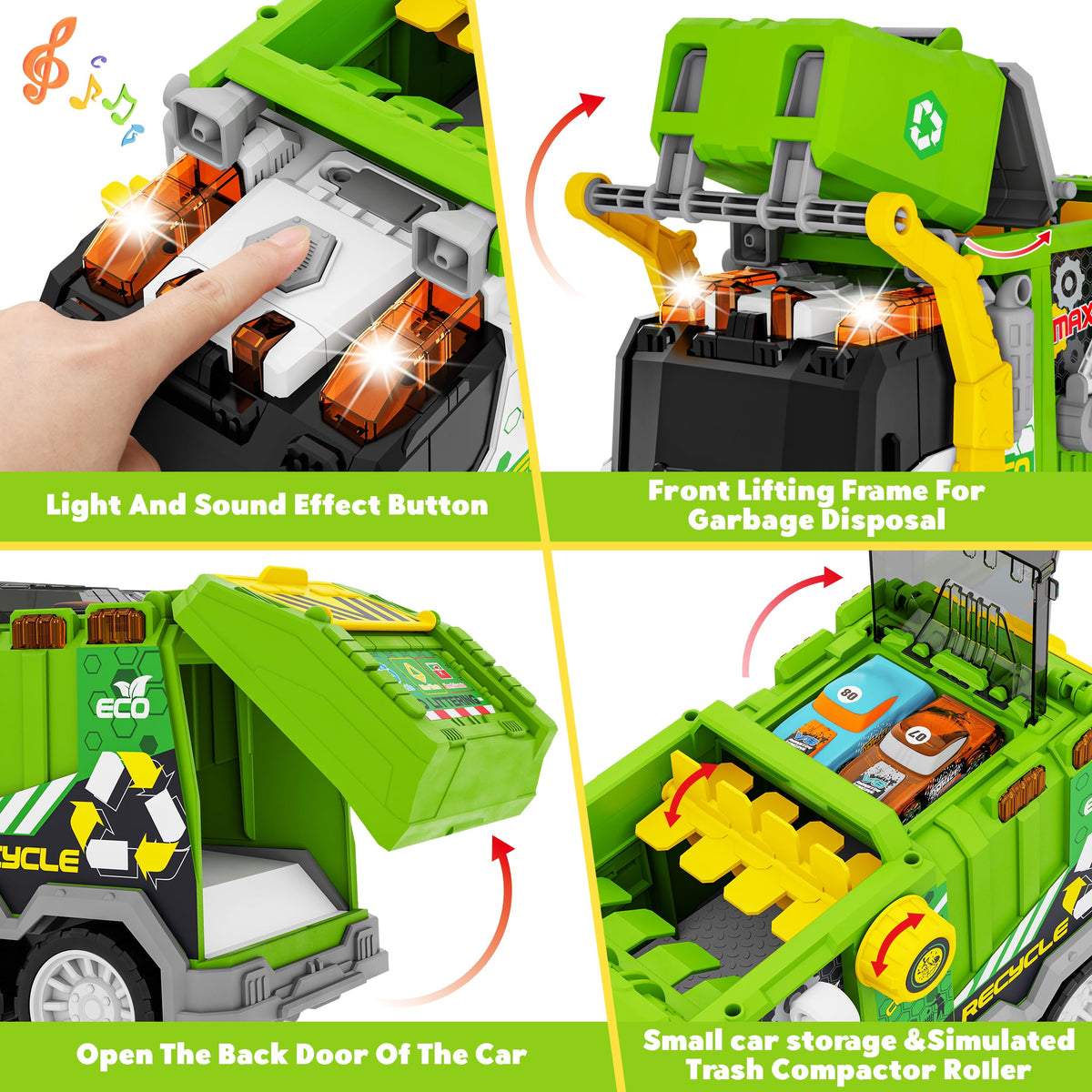 BASUN dumpster and trash bins included for realistic, engaging play.