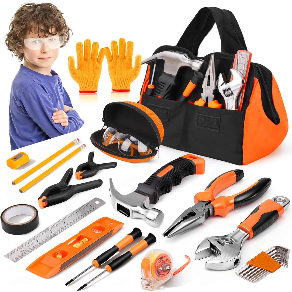 Basytodio 27-piece orange kids tool set with hammer for budding builders.