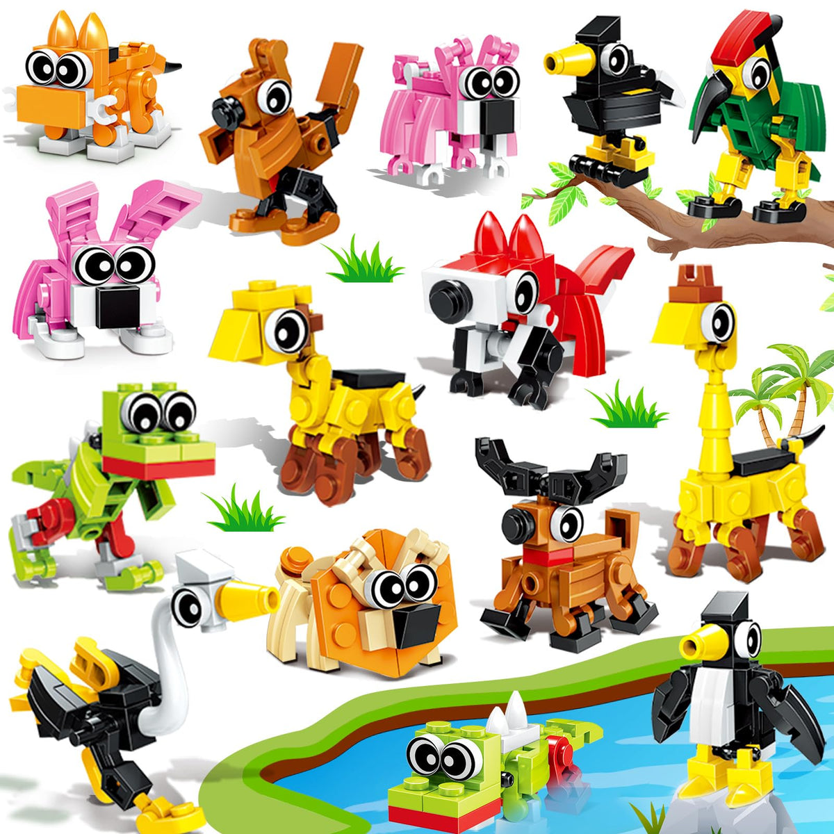 Basytodio 30-piece mini animal blocks arranged for imaginative play and party favors.