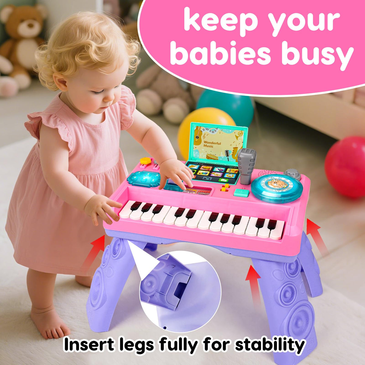 Basytodio Baby DJ Table piano keys close-up encouraging creative musical exploration.