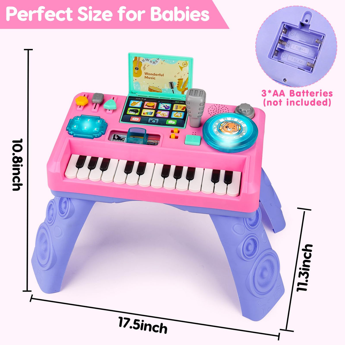 Basytodio Baby DJ Table pink turntable with bright lights for sensory play.