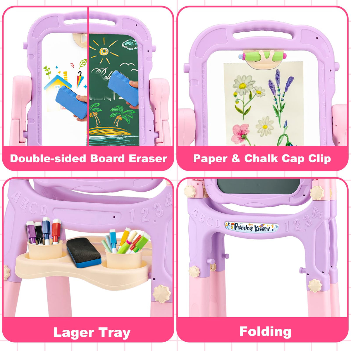 Basytodio easel includes magnets, chalk, and eraser for organized creative play