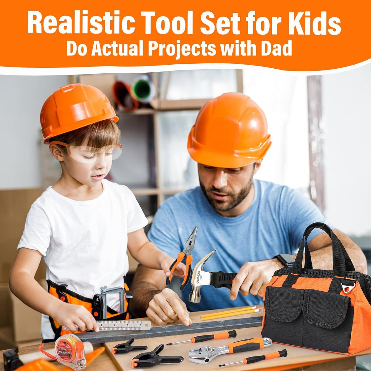 Basytodio orange kids tool set storage bag keeping tools organized.