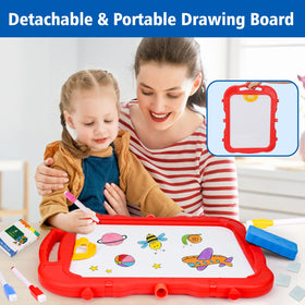 Basytodio kid-friendly easel includes chalks, markers, magnets and eraser for creative play.