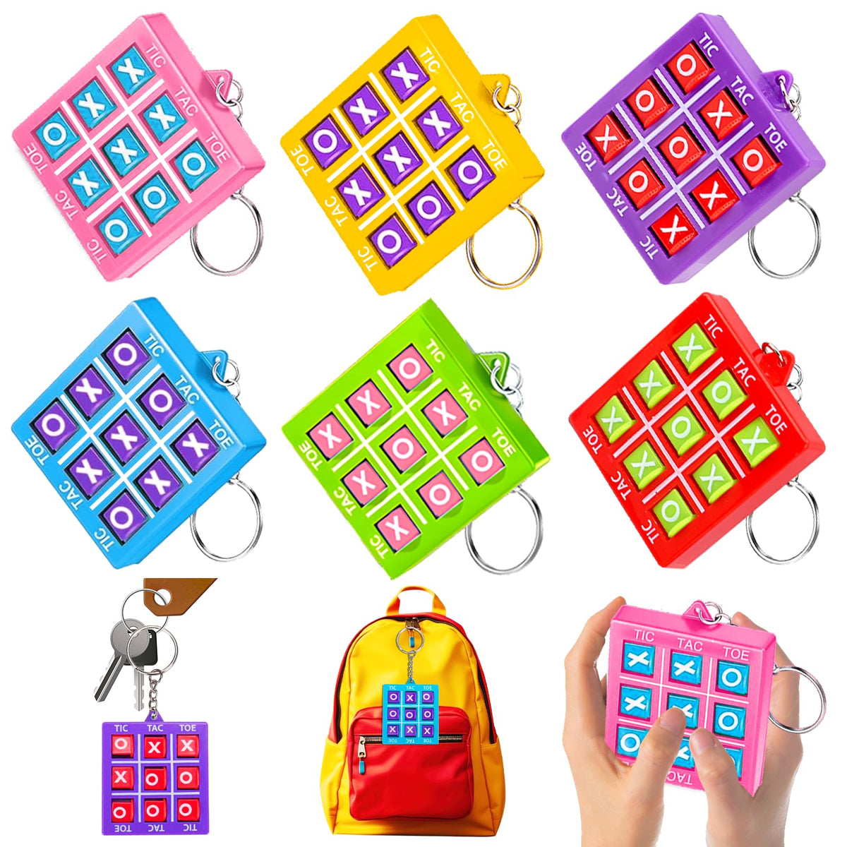 Basytodio Tic Tac Toe keychain set in bright colors for party favors and prizes.