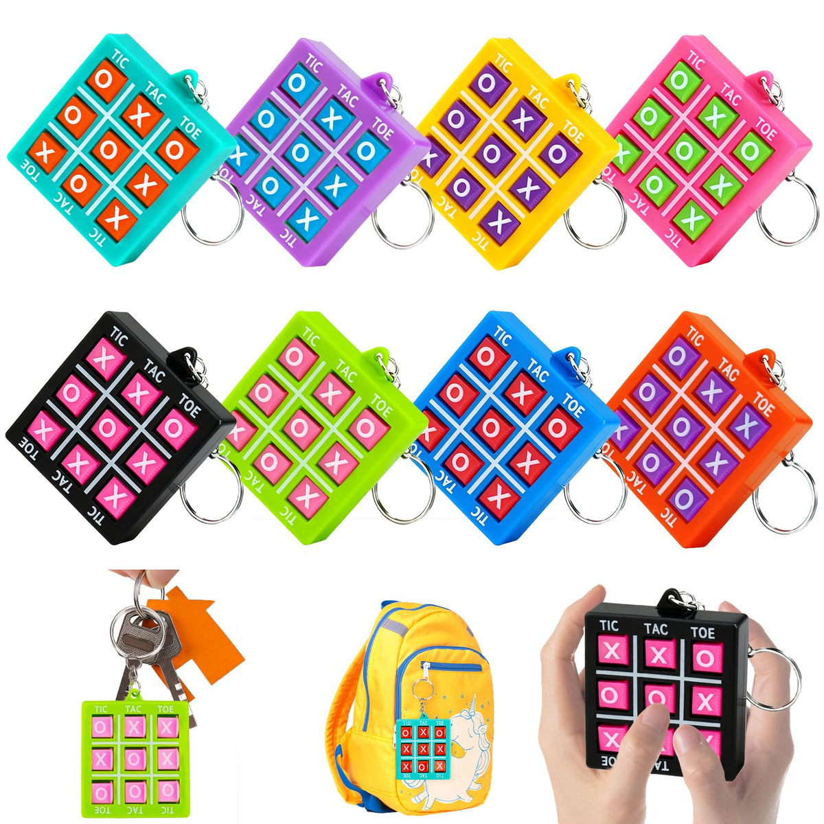 Basytodio Tic Tac Toe keychains colorful bulk pack ideal as party favors.