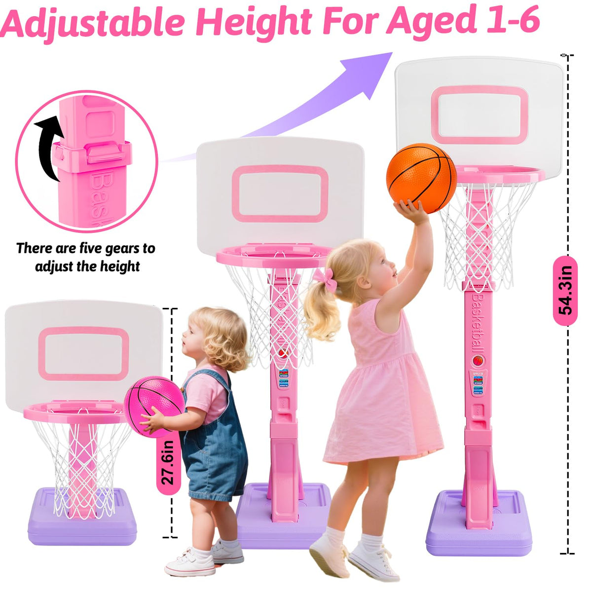 Basytodio inflatable balls included for safe, soft toss and dunk practice.