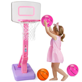 Basytodio toddler pink basketball hoop, indoor/outdoor setup for versatile playtime.