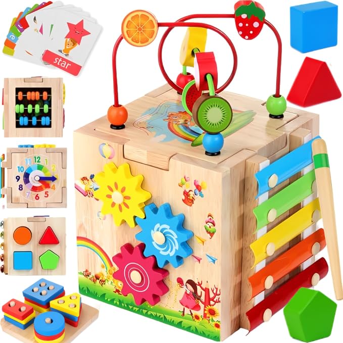 Batlofty 8-in-1 cube with xylophone stimulates auditory exploration and fine motor skills.