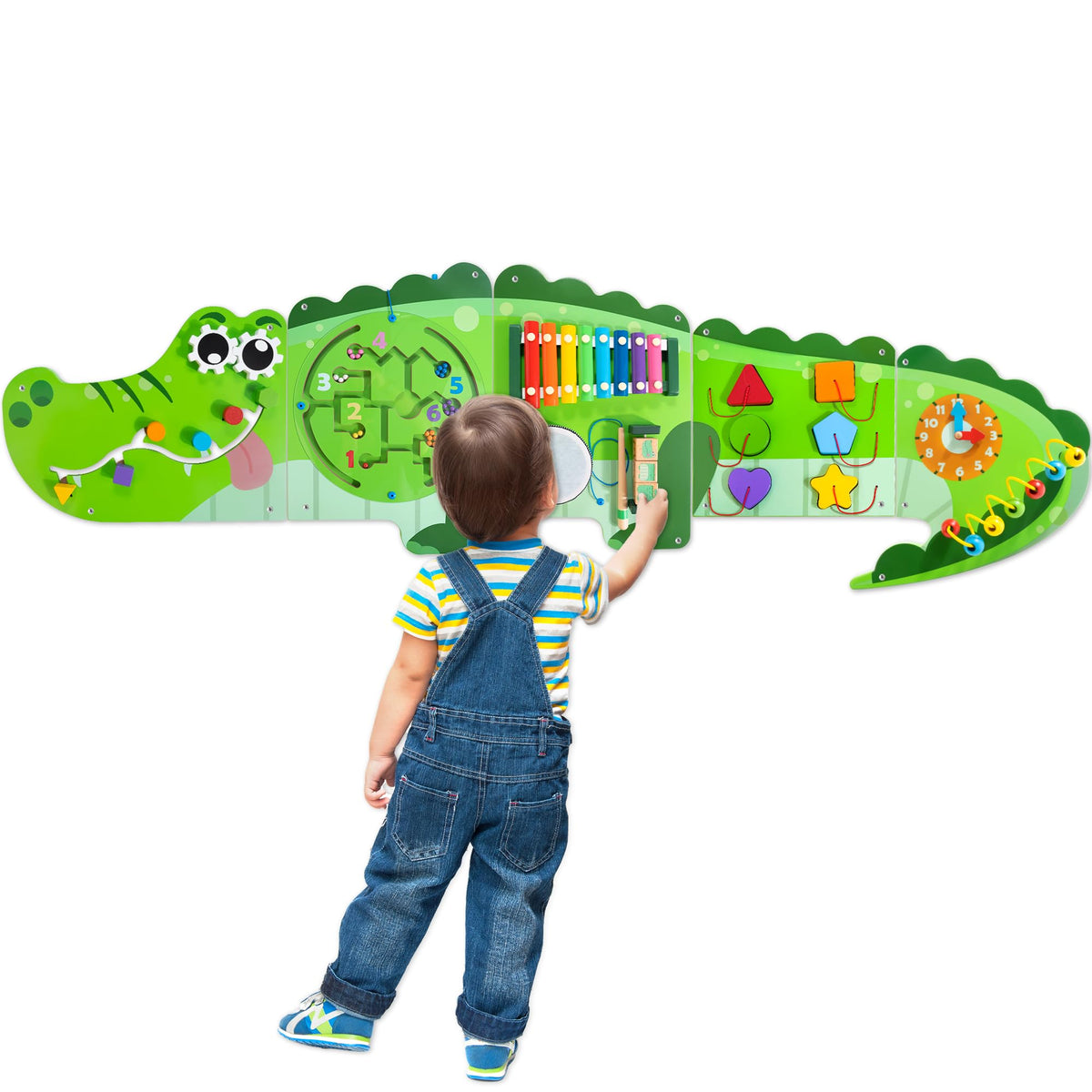 Batlofty crocodile busy-board front view promotes hands-on exploration and fine motor development.