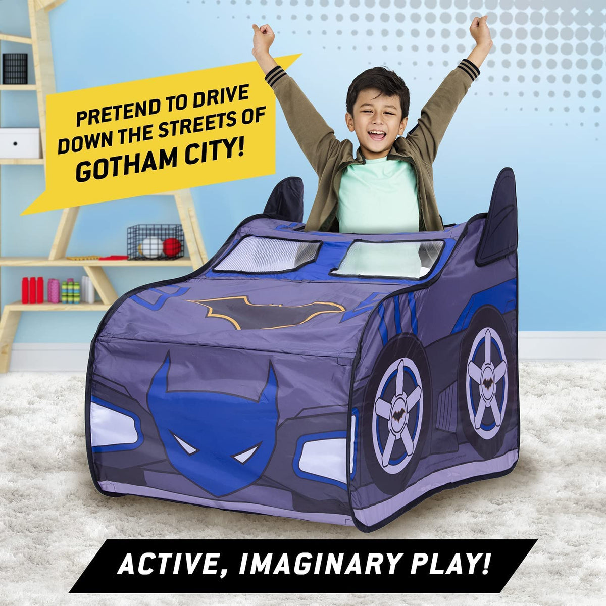 Batman Batmobile tent carrying bag included enables easy transport and storage.