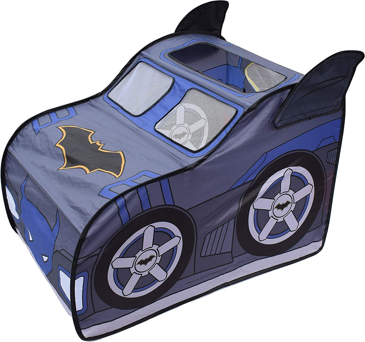 Batman Batmobile tent front view promotes imaginative play with signature graphics.
