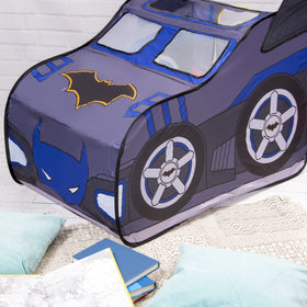 Batman Batmobile tent interior view reveals roomy space for pretend missions.