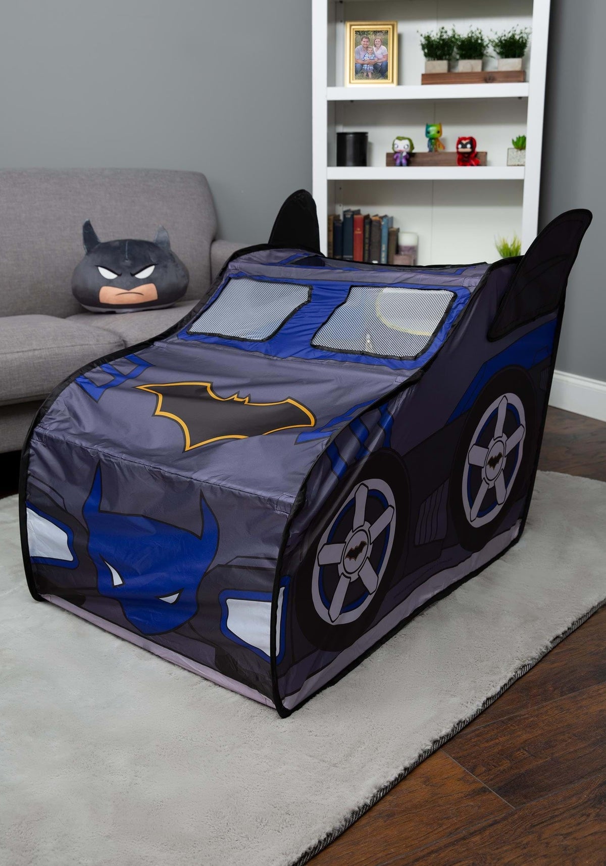 Batman Batmobile tent rear entrance close-up shows easy entry for kids.