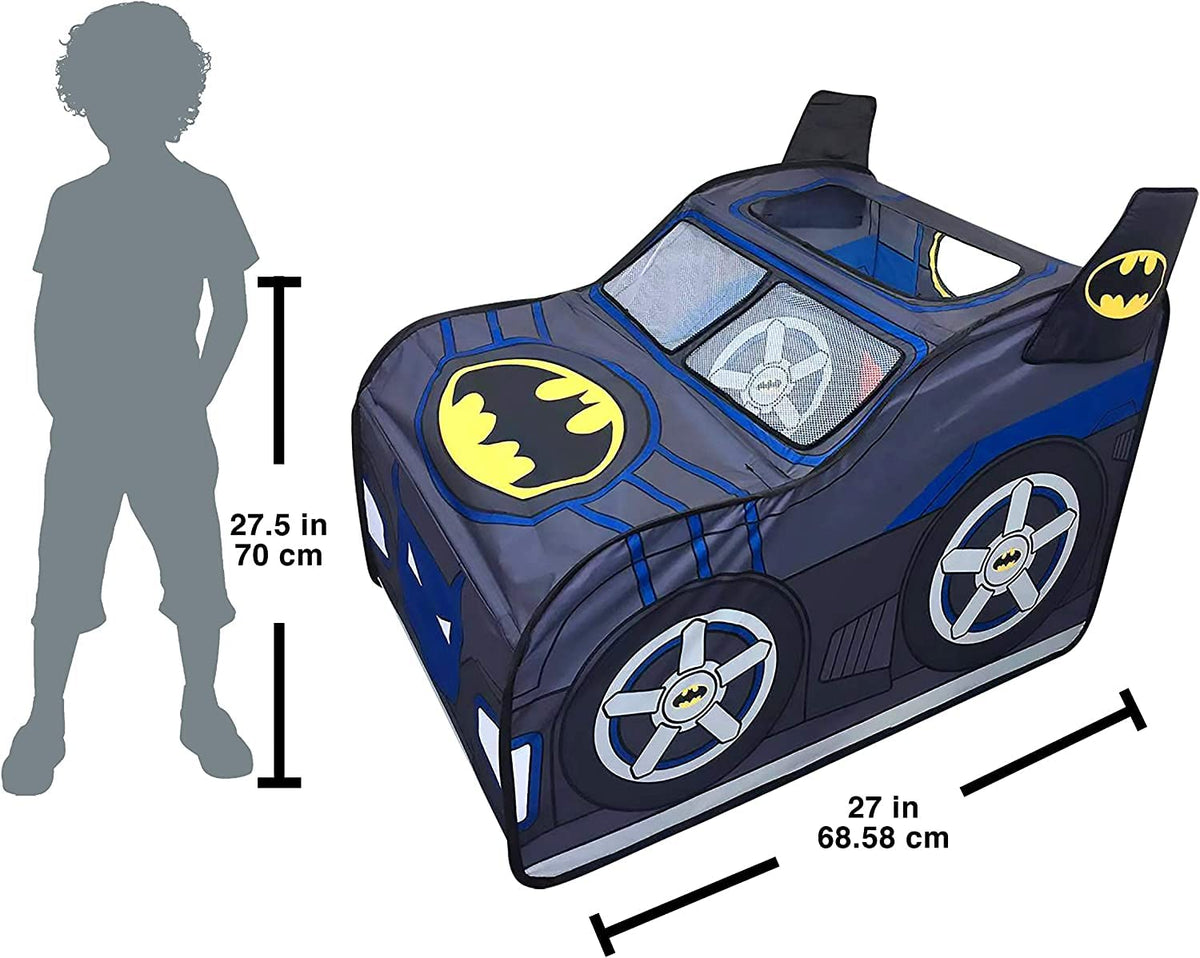 Batman Batmobile tent roof opening shot sparks peek-a-boo play and supervision.