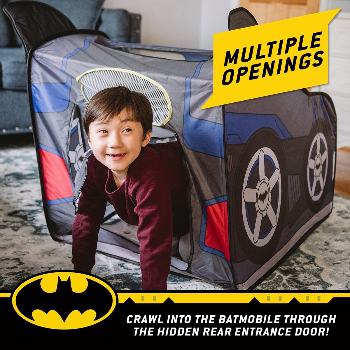 Batman Batmobile tent in folded storage pose demonstrates fast, tool-free setup.
