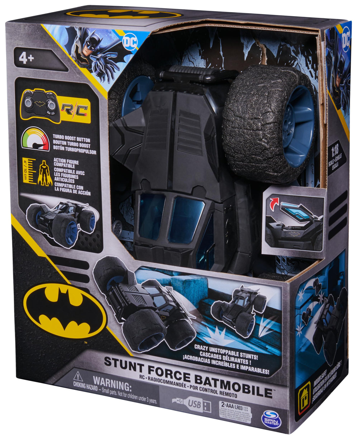 Batman Stunt Force Batmobile accessible battery bay for easy battery changes.