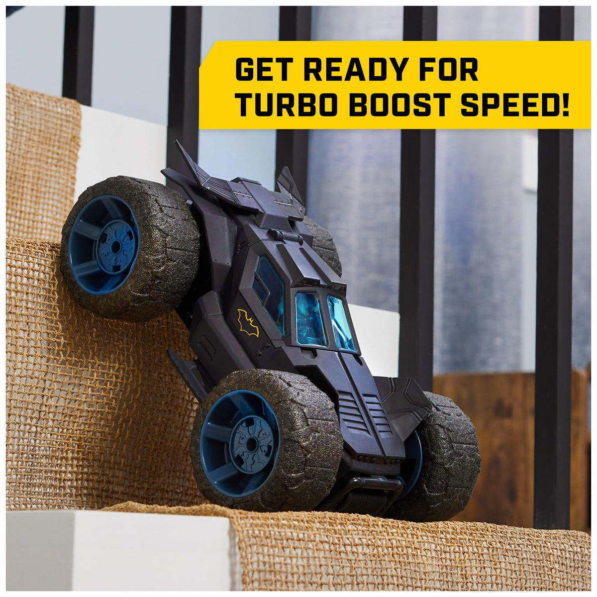 Batman Stunt Force Batmobile soft tires for safe flips and spins.