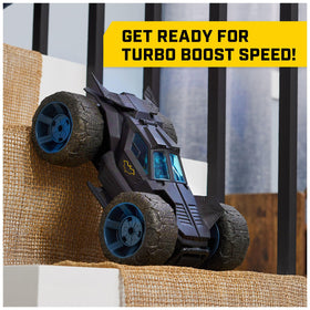 Batman Stunt Force Batmobile soft tires for safe flips and spins.