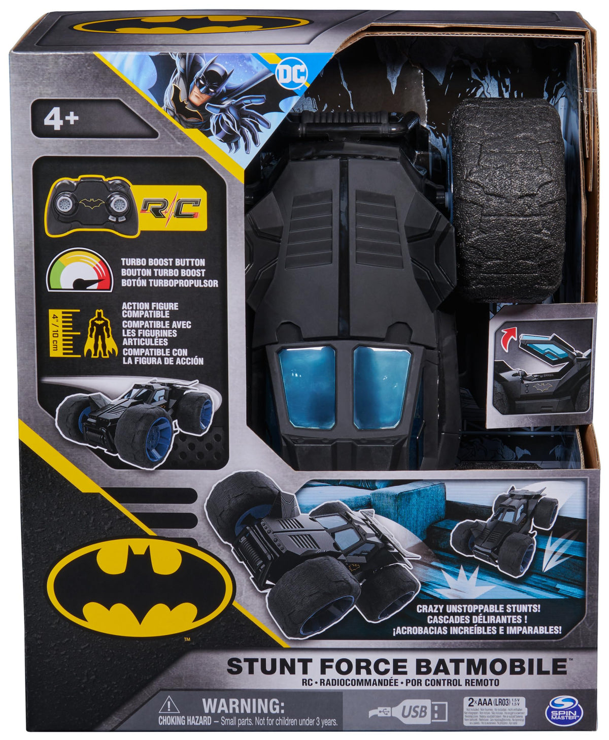 Batman Stunt Force Batmobile turbo boost button enables rapid action.