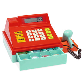 Battat cash register with scanner kid using calculator during pretend checkout