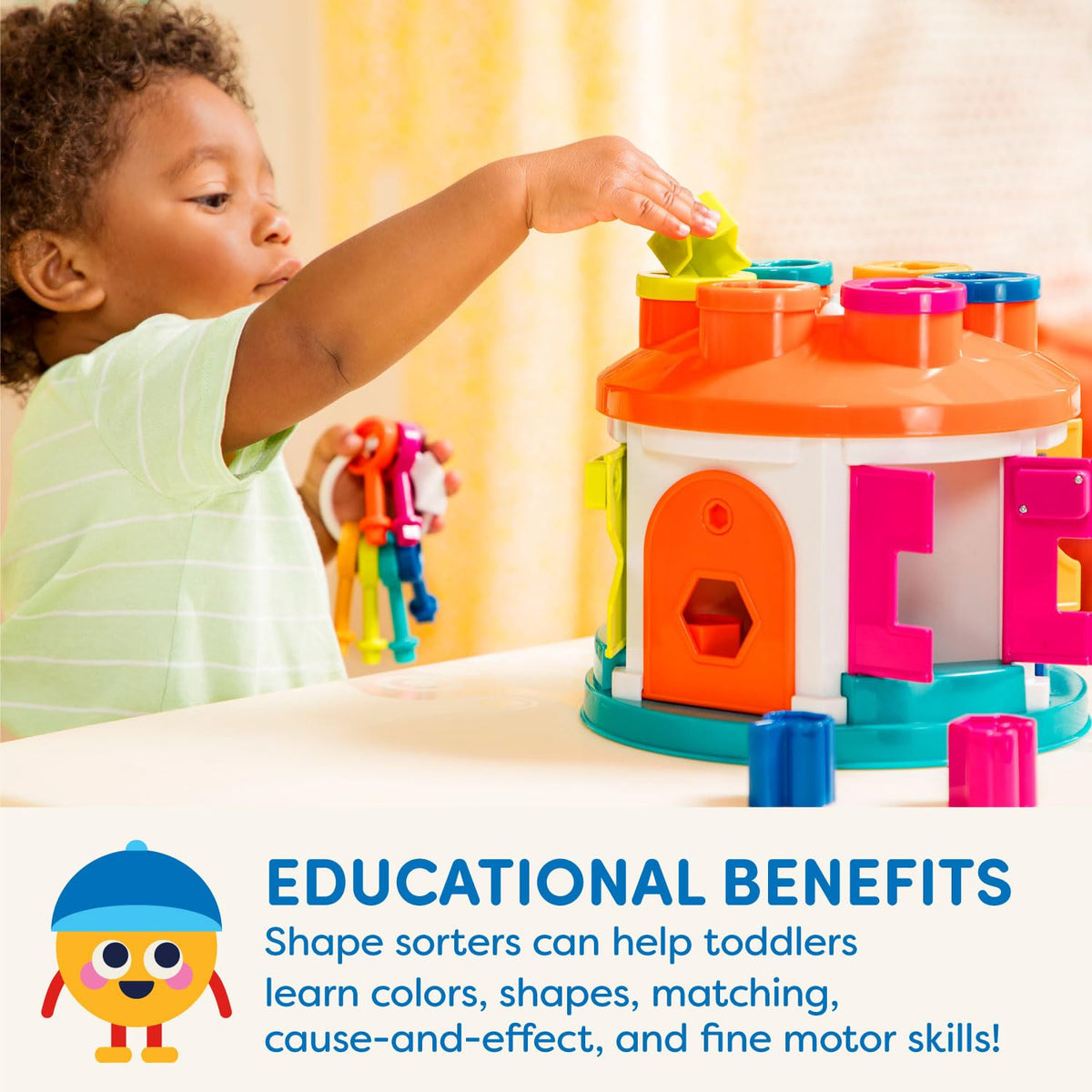 Battat Shape Sorter House with color-coded keys encourages pattern recognition.