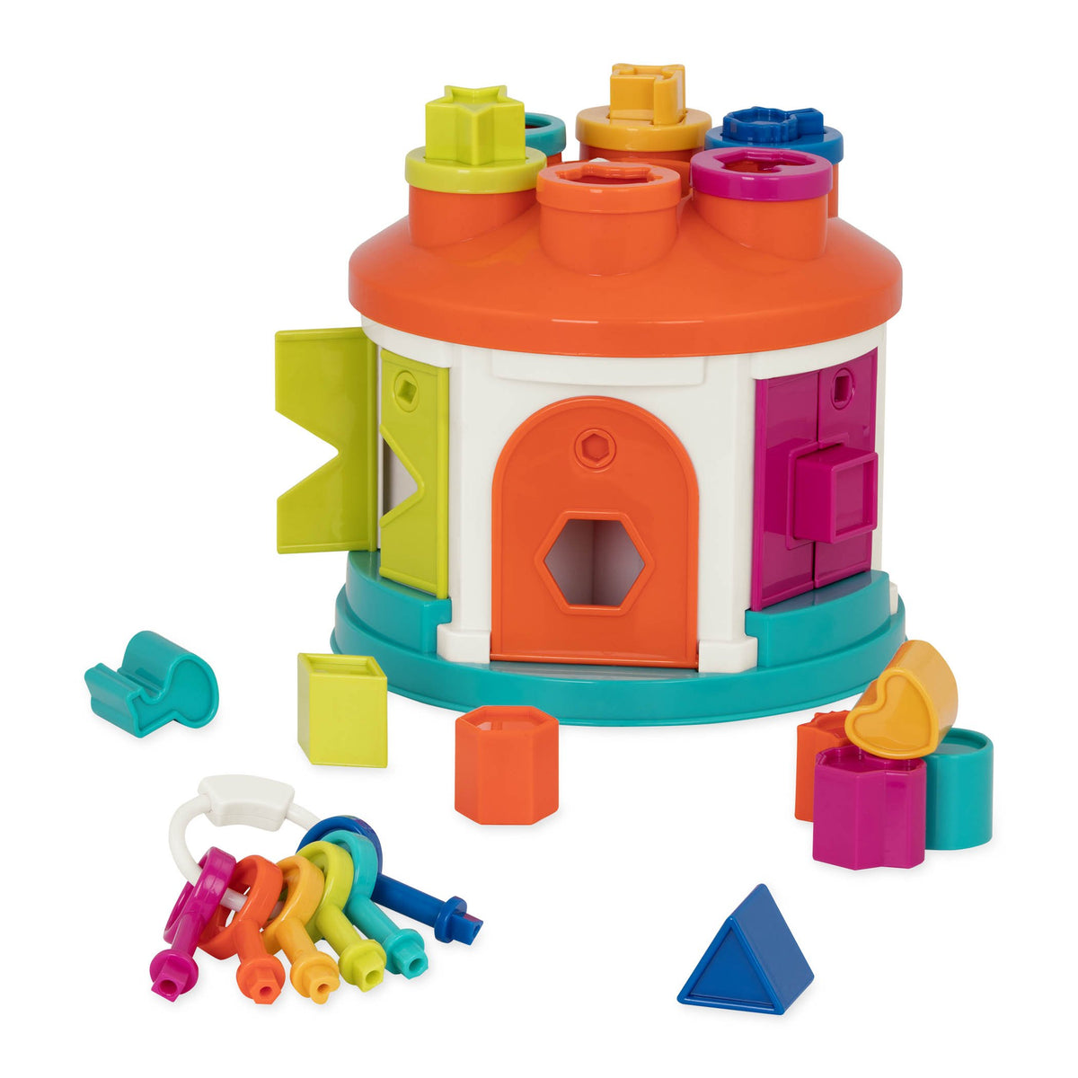 Battat Shape Sorter House with 12 shapes to sort boosts fine motor skills.