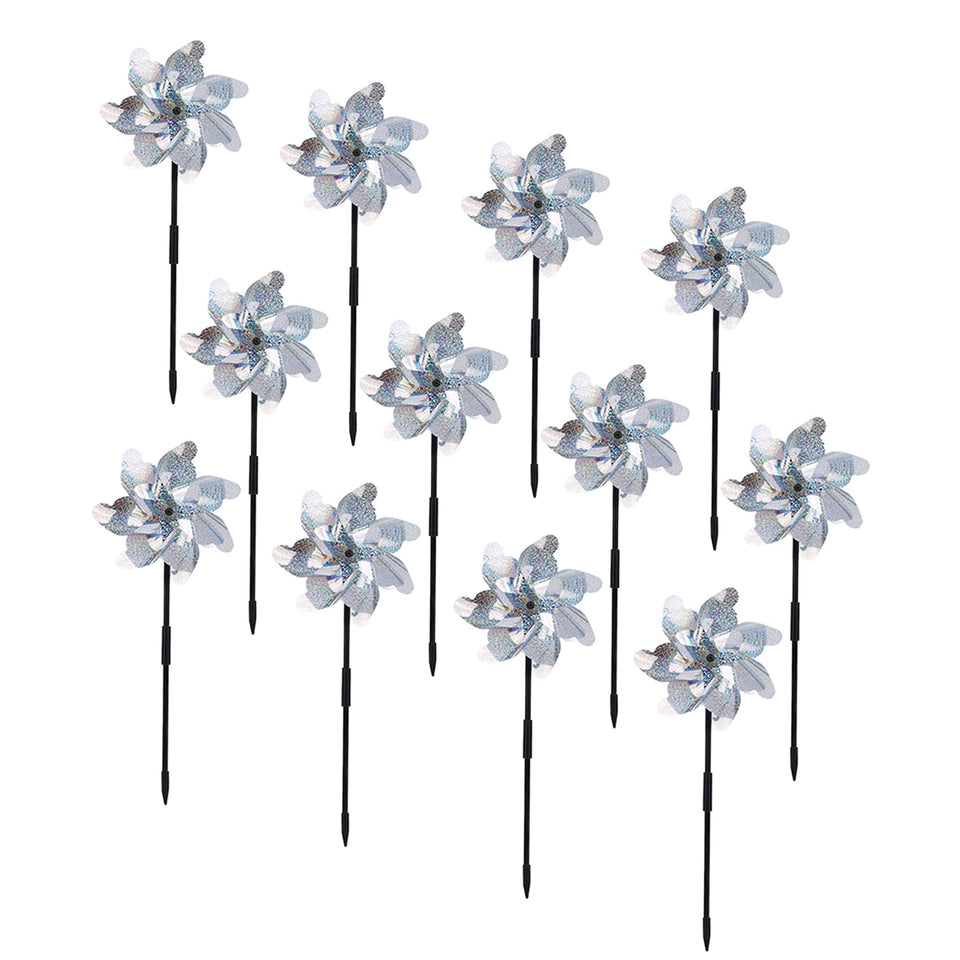 BATTIFE reflective pinwheels for yard, silver color, pre-assembled for quick bird deterrence.