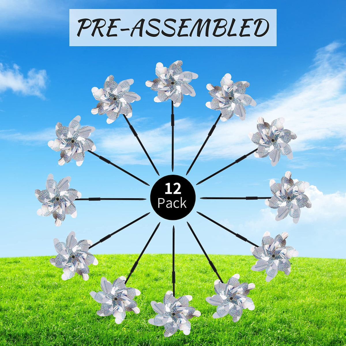 BATTIFE reflective pinwheels rotate with wind for constant garden display.