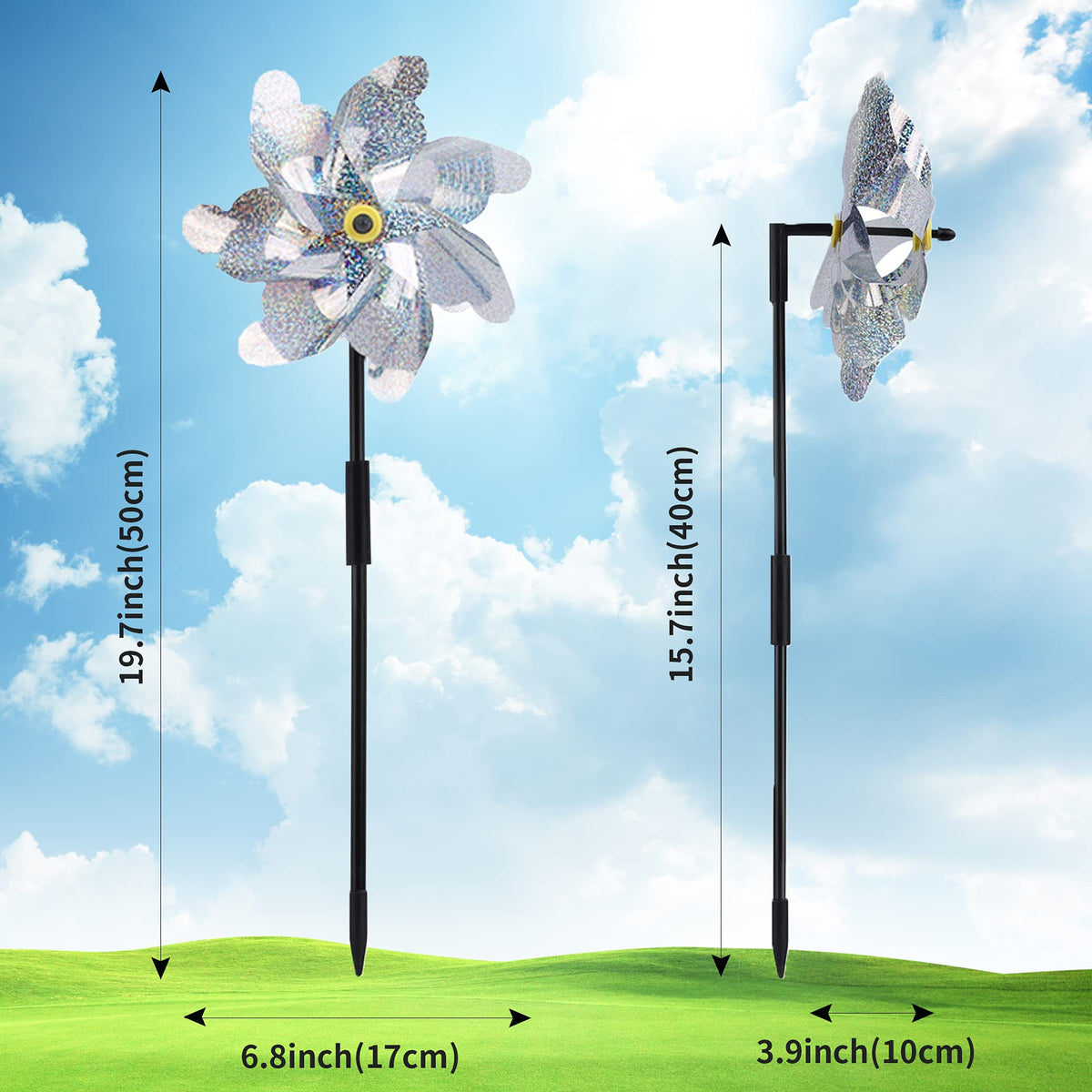 BATTIFE sparkly laser pinwheel for garden bird deterrence and sparkle.
