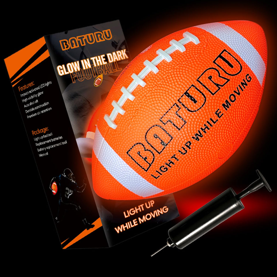 BATURU Glow Football glows for clear night throws during backyard games.