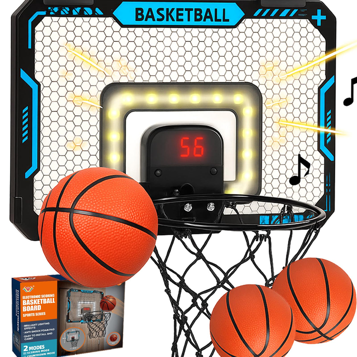 BATURU over-the-door basketball hoop with LED scoreboard for kids' play and quick feedback